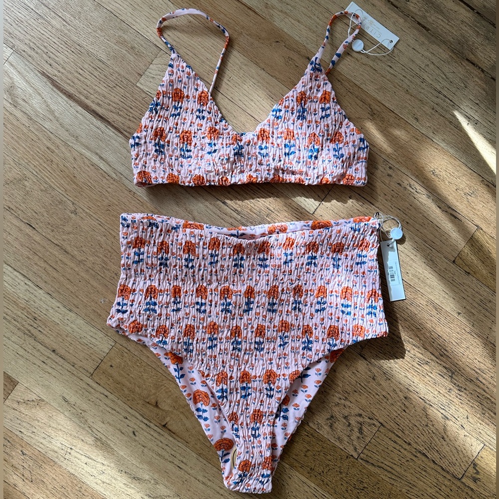 Citrine Swim Dakota Bottom (L) and Stella Top (M) - Smocked - Coral Block Print